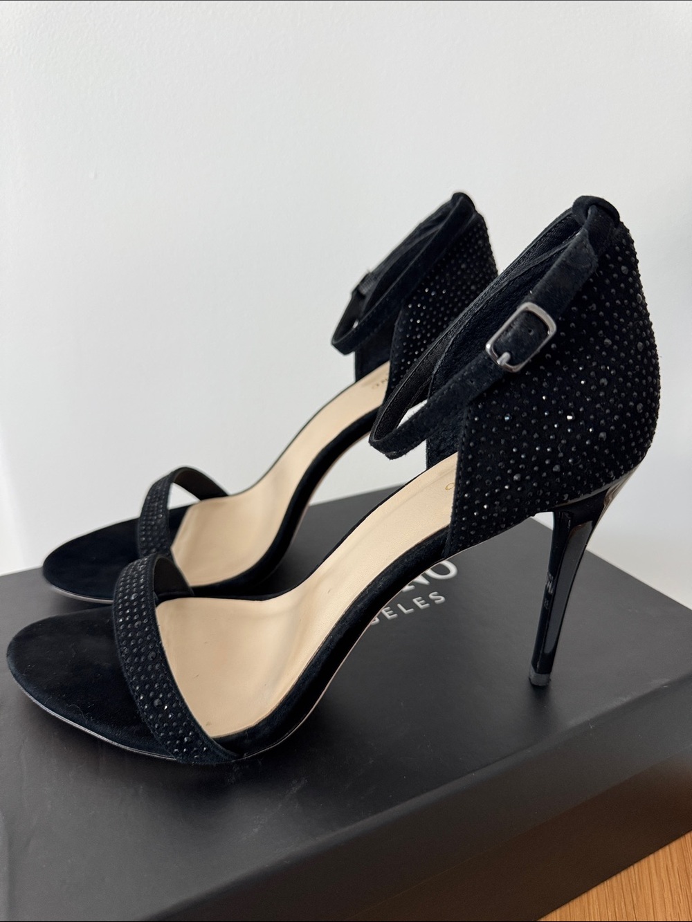 Marciano Black Suede Crystal Ankle-Strap Stiletto Heels